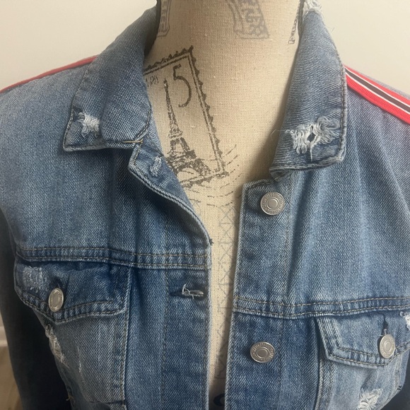 Red Striped Distressed Jean Jacket! - Picture 8 of 13